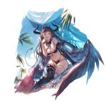  1girl bikini black_bikini black_gloves breasts cleavage elbow_gloves gloves granblue_fantasy horns long_hair looking_at_viewer magus_(granblue_fantasy) minaba_hideo open_mouth single_elbow_glove single_thighhigh smile solo swimsuit thighhighs transparent_background unworn_gloves 