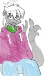 blue_eyes clothing digital_drawing_(artwork) digital_media_(artwork) fluffy fluffy_tail fur grey_body grey_fur hi_res male mammal mephitid purple_clothing sitting skunk solo supereft_(artist) tail