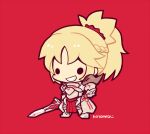  1girl armor blonde_hair blush braid fate/apocrypha fate_(series) full_body grin holding holding_sword holding_weapon kotorai mordred_(fate) mordred_(fate/apocrypha) no_nose ponytail red_background signature smile solid_oval_eyes solo standing sword weapon 