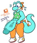anthro big_penis blue_body blue_eyes bottomwear clothed clothing english_text footwear genitals hi_res huge_penis lewdchuu_(artist) male mario_bros nintendo pants patreon penetration penis shirt shoes simple_background solo text topwear vein veiny_penis white_body yoshi