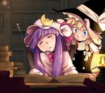  bangs blonde_hair blue_eyes blunt_bangs book bookshelf braid buttons closed_eyes crescent daitai_konna_kanji face hair_ribbon hand_on_headwear hat kirisame_marisa lantern library long_hair multiple_girls patchouli_knowledge purple_hair ribbon sleeping staring touhou voile witch_hat zzz 