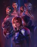  3boys 4girls absurdres alien android armor asari_(mass_effect) black_eyes black_jacket black_sclera blue_eyes blue_jacket blue_lips blue_skin bra breasts brown_eyes brown_hair chest_tattoo colored_sclera colored_skin commander_shepard commander_shepard_(female) criss-cross_halter ear_piercing edi_(mass_effect) english_commentary engrish_commentary eva_kosmos extra_eyes floating_hair frown garrus_vakarian grey_lips halterneck head_tilt highres jack_(mass_effect) jacket javik_(mass_effect) liara_t&#039;soni looking_at_viewer looking_to_the_side looking_up mass_effect_(series) mass_effect_3 medium_breasts medium_hair metal_skin mordin_solus multiple_boys multiple_girls n7_armor neck_tattoo parted_lips piercing prothean red_hair red_lips salarian science_fiction small_breasts solid_eyes tattoo tentacle_hair turian undercut underwear v-shaped_eyebrows white_bra white_jacket yellow_sclera 