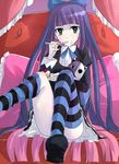  blush eating food green_eyes honekoneko_(psg) legs long_hair multicolored_hair panty_&amp;_stocking_with_garterbelt ram_hachimin sitting skirt solo stocking_(psg) striped striped_legwear stuffed_animal stuffed_cat stuffed_toy thighhighs two-tone_hair 