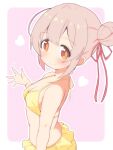  1girl bare_arms bare_shoulders bikini blush border breasts brown_eyes commentary hair_bun hair_ribbon heart highres looking_at_viewer onii-chan_wa_oshimai! outline outside_border oyama_mahiro pink_background red_ribbon ribbon simple_background single_side_bun small_breasts smile solo swimsuit unkimo white_border white_outline yellow_bikini 