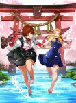  2girls bandana barefoot blonde_hair brown_eyes brown_hair cherry_blossoms dress feet fingerless_gloves gloves highres kanzuki_karin kasugano_sakura kujou_non looking_at_another multiple_girls necktie open_mouth red_bandana red_gloves smile street_fighter street_fighter_v teeth toes tongue upper_teeth_only water 