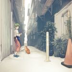  1girl air_conditioner alley animal apron blue_apron blue_footwear cat chinese_text day food fuuka_(fukasheu) glasses green_hair highres holding holding_food industrial_pipe long_sleeves looking_at_viewer non-web_source orange_pants original outdoors pants pet_food plant potted_plant real_world_location shirt short_hair slippers smile solo standing traffic_cone white_cat white_shirt 