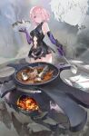  1boy 1girl absurdres armor bare_shoulders breasts clothing_cutout cooking elbow_gloves fate/grand_order fate_(series) fish fish_head food fujimaru_ritsuka_(male) gloves hair_over_one_eye highres holding holding_ladle holding_plate inset ladle lord_camelot_(fate) mash_kyrielight medium_breasts onacia pink_hair plate purple_eyes purple_gloves shield short_hair stomach_cutout worried 