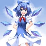  :d asu_hare bad_id bad_pixiv_id blue_eyes blue_hair bow cirno dress hair_bow hands_on_hips highres looking_at_viewer open_mouth short_hair smile solo touhou wings 