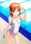  arena_(company) breasts competition_swimsuit covered_nipples goggles goggles_removed green_eyes headband kimi_ga_nozomu_eien norizou_type-r one-piece_swimsuit orange_hair pool poolside refraction short_hair small_breasts solo suzumiya_akane swim_cap swimsuit 