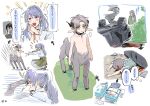  ... 3girls absurdres androgynous animal_ears arrow_(symbol) bed black_collar blood bush car car_crash centauroid collar commentary_request earrings feneculiu full_body goat_ears goat_girl goat_horns goat_tail grass grey_fur grey_hair hand_up hands_up highres hooves horizontal_pupils horns jewelry kicking long_hair looking_at_viewer low_horns lying medium_hair monster_girl motor_vehicle multiple_girls multiple_views on_stomach open_mouth original outstretched_arms own_hands_clasped own_hands_together parted_lips ponytail purple_eyes purple_hair reaching_towards_another short_eyebrows smoke spoken_ellipsis squatting standing taur thought_bubble yellow_eyes 