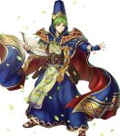  1boy attack blue_cape blue_gloves book cape dark_blue_gloves fingerless_gloves fire_emblem fire_emblem:_mystery_of_the_emblem fire_emblem_heroes gloves green_eyes green_hair highres holding holding_book merric_(fire_emblem) merric_(wind_pontifex)_(fire_emblem) multicolored_cape multicolored_clothes non-web_source official_alternate_costume official_art open_book pointy_hat red_cape sandals short_hair smile solo 