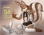 anthro bottomwear brown_body brown_fur canid canine caribou_(artist) clothed clothing crossdressing fluffy fluffy_tail fox fur george_(tenpoundhammer) girly green_eyes hybrid lagomorph legwear leporid male mammal mephitid rabbit screws skirt skunk solo stockings striped_body striped_fur stripes tail tan_body tan_fur tools wrench