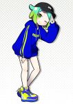  1girl arm_up baseball_cap black_headwear blue_hoodie clothes_writing drawstring full_body gradient_hair green_eyes green_hair grin hand_on_own_leg hat highres hood hood_down hoodie idol_time_pripara kokichi_yoko long_sleeves looking_at_viewer multicolored_hair nijiiro_nino one_eye_closed open_mouth pretty_series pripara shoes short_hair smile sneakers solo standing swept_bangs 