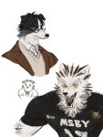  2boys akaashi_keiji animal_ears black_fur black_hair black_shirt blue_eyes body_fur bokuto_koutarou brown_jacket brown_sweater chengongzi123 chibi chibi_inset closed_mouth collared_jacket collared_shirt commentary dog_boy dog_ears furrification furry furry_male grey_fur haikyuu!! highres jacket looking_at_viewer looking_to_the_side male_focus multiple_boys open_mouth portrait sharp_teeth shirt short_hair short_sleeves simple_background slit_pupils sportswear sweater symbol-only_commentary teeth thick_eyebrows uneven_eyes upper_body very_short_hair volleyball_uniform white_background white_fur wolf_boy wolf_ears yellow_eyes 