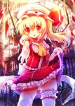  beckoning blonde_hair fang flandre_scarlet foreshortening gloves hat leg_garter outstretched_hand panties petticoat ponytail red_eyes short_hair side_ponytail skirt skirt_lift solo taharu_kousuke thighhighs touhou underwear white_gloves white_legwear white_panties wings wrist_cuffs 