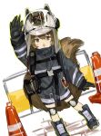  1girl animal_hat arknights arm_up black_footwear black_gloves black_jacket black_shorts blush_stickers boots brown_eyes brown_hair commentary_request eyebrows_hidden_by_hair fire_helmet firefighter firefighter_jacket full_body gloves hair_between_eyes hat highres jacket knee_pads long_sleeves nun2o open_mouth shaw_(arknights) shorts simple_background sketch solo squirrel_tail standing tail teeth traffic_cone upper_teeth_only v-shaped_eyebrows white_background white_headwear 