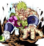  1boy abs arm_guards blank_eyes boots broly_(dragon_ball_super) debris dragon_ball dragon_ball_super emphasis_lines fur-trimmed_waist_cape fur_trim green_hair hand_on_ground highres large_pectorals legendary_super_saiyan male_focus muscular muscular_male nipples official_style oharu2000 open_mouth pants pectorals purple_pants rubble scar scar_on_arm scar_on_chest shouting simple_background solo spiked_hair super_saiyan topless_male toriyama_akira_(style) waist_cape 