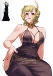  1girl absurdres alternate_costume blonde_hair brown_dress citrinne_(fire_emblem) deliciousbrain dress earrings feather_hair_ornament feathers fire_emblem fire_emblem_engage gold_choker hair_ornament highres hoop_earrings jewelry mismatched_earrings red_eyes wing_hair_ornament 