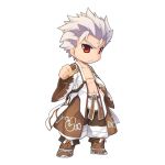  1boy belt brown_belt brown_footwear brown_pants chibi clenched_hand closed_mouth cloud_print fold-over_boots frown full_body hair_slicked_back long_sleeves looking_at_viewer male_focus navel official_art open_clothes open_shirt pants print_shirt ragnarok_online red_eyes shirt short_hair simple_background solo spiked_hair standing star_emperor_(ragnarok_online) tachi-e transparent_background v-shaped_eyebrows white_hair white_shirt wide_sleeves yuichirou 