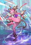  1girl absurdres animal_ears attack breasts claws closed_mouth fang full_body highres kitty_clawer looking_at_viewer monster_girl official_art pink_hair romancing_saga_re;universe saga saga_frontier short_hair so-taro solo square_enix tail wind 
