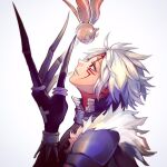  1boy allen_walker aokamei armor commentary d.gray-man english_commentary eyelashes facial_mark from_side fur-trimmed_armor fur_trim grey_background long_fingers looking_up male_focus parted_lips red_eyes solo timcanpy white_hair 