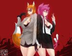  2girls animal_ear_fluff animal_ears belt belt_buckle black_gloves black_jacket black_necktie black_skirt blazblue bra breasts brown_hair buckle cat_ears cat_tail character_request cleavage cleavage_cutout clothing_cutout collarbone collared_shirt commission cosplay cowboy_shot double_v glasses gloves highres holding_hands holo jacket kokonoe_(blazblue) large_breasts light_smile lips lipstick long_hair makeup multiple_girls multiple_tails necktie no_more_heroes open_clothes open_jacket orange_eyes parted_lips pink_hair red_background red_eyes shirt short_shorts shorts skin_tight skirt spice_and_wolf sunglasses swordwaltzworks tail teeth thighs unbuttoned unbuttoned_shirt underwear v white_shirt wolf_ears wolf_girl wolf_tail 