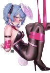  animal_ears black_pantyhose blue_eyes blue_hair bound bound_arms bound_legs breasts hatsune_miku high_heels highres medium_breasts nanja pantyhose playboy_bunny rabbit_ears rabbit_hole_(vocaloid) rabbit_tail simple_background tail twintails vocaloid white_background 