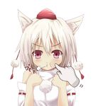  animal_ears cheek_poking clenched_hands disembodied_limb efe face hat inubashiri_momiji o3o poking pout red_eyes solo tokin_hat touhou white_hair wolf_ears 