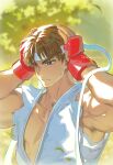  1boy aged_down armpit_peek athanjccgg bara biceps brown_hair concentrating derivative_work dougi forked_eyebrows hands_on_own_head headband highres huge_eyebrows looking_down male_focus muscular muscular_male pectoral_cleavage pectorals ryu_(street_fighter) screencap_redraw serious solo street_fighter sunlight upper_body 