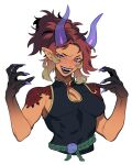  1girl absurdres bare_arms black_hands black_lips blush breasts colored_extremities demon_horns fangs green_hair green_rope hair_up high_collar highres horns looking_at_viewer multicolored_hair open_mouth original pointy_ears porqueloin purple_eyes purple_nails red_hair rope rope_belt scar scar_on_face scar_on_mouth sharp_teeth shirt shoulder_tattoo simple_background sleeveless sleeveless_shirt slit_pupils small_breasts solo tattoo teeth translucent_horns upper_body white_background 