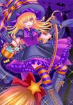  blonde_hair braid broom candy food gloves halloween hat kirisame_marisa long_hair multicolored multicolored_clothes multicolored_legwear solo striped striped_legwear thighhighs touhou witch_hat yanagi_akane_(yousei_kinoko) yellow_eyes 