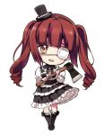  1girl axe blush brown_eyes chibi dress eyepatch frilled_dress frilled_socks frills full_body gothic_lolita hanazono_yurine hat holding holding_axe jashin-chan_dropkick lolita_fashion long_hair mary_janes medical_eyepatch mini_hat mini_top_hat parted_lips shoes simple_background smile socks solo top_hat twintails two-tone_dress white_background yukiwo 