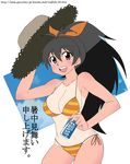  absurdres bad_id bad_pixiv_id bare_shoulders bikini black_hair brand_name_imitation breasts brown_eyes can cleavage ganaha_hibiki hair_ribbon hat high_ponytail highres idolmaster idolmaster_(classic) large_breasts long_hair one-piece_tan pocari_sweat ponytail ribbon shochuumimai side-tie_bikini smile solo swimsuit tan tanline watermark web_address yajirushi_kaku 