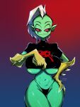 2024 absurd_res alien alien_humanoid big_breasts bottomwear breasts clothed clothing curvy_figure disney eyebrows female fingers gloves gradient_background green_body green_skin hair half-closed_eyes hand_on_hip hand_on_own_hip handwear hi_res humanoid lord_dominator narrowed_eyes navel noseless not_furry panties pink_sclera portrait signature simple_background small_waist solo spookycha thick_thighs three-quarter_portrait topwear under_boob underwear voluptuous wander_over_yonder white_hair wide_hips