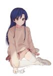  1girl blue_hair blush brown_eyes brown_skirt brown_sweater closed_mouth dot_nose flat_chest full_body highres idolmaster idolmaster_(classic) idolmaster_1 idolmaster_million_live! idolmaster_million_live!_theater_days kisaragi_chihaya long_hair long_sleeves looking_at_viewer lunim_(roo_0_0) paper_airplane pleated_skirt shoes simple_background sitting skirt sneakers solo sweater thighhighs twitter_username white_background white_footwear white_thighhighs yokozuwari 