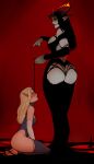 2girls ass ass_cutout bare_shoulders black_hair black_nails black_thighhighs blonde_hair breasts cherry-gig clothing_cutout detached_sleeves elbow_gloves femdom gloves highres holding holding_leash horns large_breasts leash long_hair mistress_(cherry-gig) multiple_girls original pointy_ears red_background selean_(cherry-gig) thighhighs white_gloves yuri 
