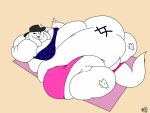 2018 2_toes 3_fingers 4:3 anthro bandeau bandeau_bikini bar_emanata batspid2 beach_towel belly belly_markings big_belly big_breasts biped black_clothing black_eyelashes black_headwear blep bottomwear breasts clothing digital_drawing_(artwork) digital_media_(artwork) double_chin emanata feet female fingers flabby_arms flat_colors floppy_ears full-length_portrait fupa fur hand_behind_head hat headgear headwear huge_belly huge_thighs hyper hyper_belly hyper_hips hyper_thighs lop_ears lying markings midriff morbidly_obese morbidly_obese_anthro morbidly_obese_female obese obese_anthro obese_female on_back one_eye_closed overweight overweight_anthro overweight_female pink_bottomwear pink_clothing pink_tongue portrait purple_clothing purple_topwear runes short signature solo tail thick_thighs toes tongue tongue_out topwear towel unknown_species what white_body white_fur wink