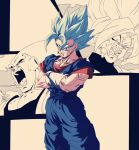  3boys blue_eyes blue_hair blue_sash cloud collarbone colored_sclera constricted_pupils cowboy_shot crossed_arms demon dougi dragon_ball dragon_ball_super dragon_ball_z earrings fused_zamasu gloves hair_between_eyes jewelry jumpsuit looking_at_viewer majin_buu melting multiple_boys muscular muscular_male official_style open_mouth orange_shirt partially_colored potara_earrings reeya sash shirt sky smile spiked_hair super_buu super_saiyan super_saiyan_blue sweat toriyama_akira_(style) turtleneck vegetto white_gloves 