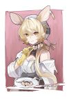  1girl absurdres animal_ears arknights asymmetrical_gloves bare_shoulders beret black_gloves breasts brown_eyes cleavage closed_mouth dorothy_(arknights) fingerless_gloves food gloves grey_headwear hair_between_eyes hat highres holding holding_food holding_plate lahaijiaojiao light_brown_hair long_sleeves looking_at_viewer medium_breasts mismatched_gloves plate single_fingerless_glove smile solo twitter_username yellow_gloves 