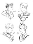  4boys aiguillette animal_ears ascot bokuto_koutarou bow bowtie character_request chengongzi123 closed_mouth collared_shirt earrings elf epaulettes feather_earrings feathers fox_boy fox_ears grin haikyuu!! highres jewelry kemonomimi_mode lineart looking_at_another looking_to_the_side male_focus multicolored_hair multiple_boys pointy_ears portrait shirt short_hair simple_background sketch smile streaked_hair suspenders thick_eyebrows ushijima_wakatoshi very_short_hair white_background 