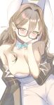  1girl akane_(blue_archive) akane_(bunny)_(blue_archive) animal_ears blue_archive blush breasts brown_eyes cleavage detached_collar fake_animal_ears glasses gloves hair_between_eyes haruri highres large_breasts leotard light_brown_hair long_hair looking_at_viewer official_alternate_costume pantyhose parted_lips rabbit_ears simple_background solo strapless strapless_leotard white_background white_gloves white_leotard white_pantyhose 