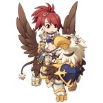  1girl armor armored_boots barding bikini_armor black_thighhighs boots breasts chibi cross_hair_ornament cross_of_prontera eyes_visible_through_hair faulds full_body gauntlets griffin gryphon_(ragnarok_online) hair_between_eyes hair_ornament high_heels high_ponytail jewelry leg_armor long_bangs long_hair looking_at_animal navel necklace official_art open_mouth pauldrons ragnarok_online red_hair reins riding royal_guard_(ragnarok_online) shoulder_armor simple_background small_breasts smile solo standing tachi-e thighhighs transparent_background yuichirou 