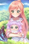  2girls aqua_eyes blue_sky blurry blurry_foreground blush bug butterfly carrying child_carry closed_mouth collared_dress commentary_request day dress ellee-chan forest green_eyes hair_bun hair_ribbon half_updo highres hirogaru_sky!_precure holding_baby long_hair long_sleeves meshiya_(naruga-501-kuaru) multiple_girls nature nijigaoka_mashiro open_mouth outdoors pink_dress pink_hair precure purple_hair ribbon sailor_collar single_hair_bun sky smile standing swept_bangs two-tone_dress two_side_up white_dress white_ribbon white_sailor_collar 