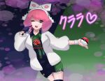  1girl asymmetrical_legwear bracelet breasts character_name collared_shirt drill_hair dynamax_band flipped_hair fur_jacket gloves hairband highres holding holding_poke_ball jacket jewelry klara_(pokemon) mismatched_legwear mole mole_under_mouth one_eye_closed pink_hair pink_lips poke_ball poke_ball_(basic) pokemon pokemon_swsh print_shirt print_shorts print_thighhighs saon101 shirt shorts side_slit side_slit_shorts single_glove solo thighhighs translation_request twin_drills white_hairband 