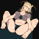  1girl absurdres antenna_hair arrow_(symbol) black_panties blonde_pubic_hair blue_eyes breasts covered_nipples feet grey_shirt hair_slicked_back highres holding_own_leg impossible_clothes impossible_shirt kingdom_hearts larxene looking_at_viewer lying m_legs medium_breasts medium_hair navel no_bra no_pants on_back panties partially_visible_vulva porqueloin presenting_pussy pubic_hair pubic_hair_peek shirt smile solo spread_legs steam toes underwear 