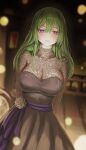  1girl absurdres bags_under_eyes black_dress blurry blurry_background blush breasts cleavage dress green_hair hair_between_eyes highres large_breasts long_hair looking_at_viewer purple_eyes see-through see-through_cleavage see-through_sleeves shiraito_(wkru5727) solo sousou_no_frieren ubel_(sousou_no_frieren) very_long_hair 