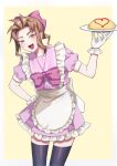  1girl :3 absurdres alternate_costume apron arm_behind_back black_thighhighs blush border bow bowtie brown_eyes brown_hair dress feet_out_of_frame food forehead frilled_apron frills gloves hair_bow hand_up highres holding holding_plate leaning_forward looking_at_viewer nico_(this_communication) nishi_no_chigo omelet omurice open_mouth outside_border pink_bow pink_bowtie pink_dress pink_sailor_collar plate puffy_short_sleeves puffy_sleeves sailor_collar short_dress short_ponytail short_sleeves sidelocks simple_background smile solo standing thick_eyebrows thighhighs this_communication waitress white_border white_gloves yellow_background 