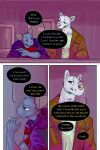 bastriw canid canine canis cigar clothing comic dialogue domestic_cat felid feline felis green_eyes hi_res male mammal nico_(bastriw) pato_(bastriw) purple_eyes text wolf