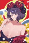  1girl black_hair blue_eyes breasts fate/grand_order fate_(series) flower hair_bun hair_flower hair_ornament highres japanese_clothes katsushika_hokusai_(fate) kimono large_breasts multiple_hairpins off_shoulder open_clothes open_kimono red_background signature smile waves zet_(twt_zet) 