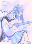  1girl acoustic_guitar blue_hair blue_skirt character_name closed_eyes commentary_request copyright_name feet_out_of_frame from_side guitar hat highres instrument long_hair mirutani_nia music noripro nurse_cap open_mouth playing_guitar profile purple_shirt shirt singing sitting skirt solo virtual_youtuber watercolor_background yuri_kyanon 